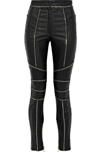Shop Balmain Chain-trimmed Leather Skinny Pants In Black