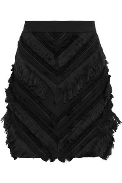 Shop Balmain Woman Fringed Stretch-cotton Mini Skirt Black