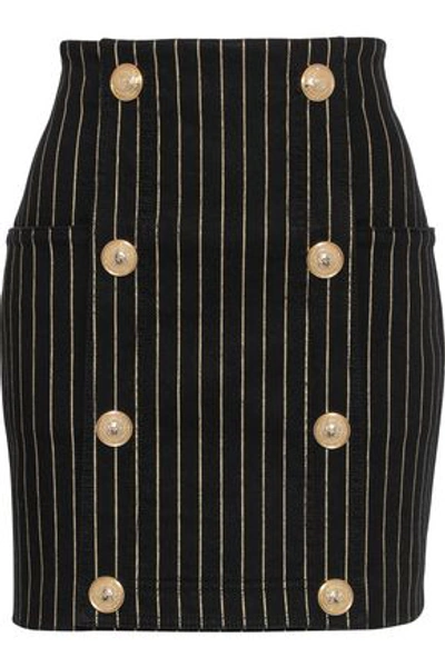 Shop Balmain Woman Button-embellished Metallic Pinstriped Denim Mini Skirt Black