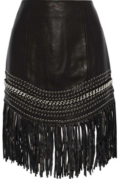 Shop Balmain Woman Fringed Embellished Leather Mini Skirt Black