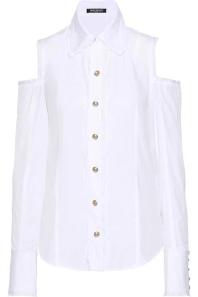 Shop Balmain Woman Cold-shoulder Frayed Cotton-poplin Shirt White