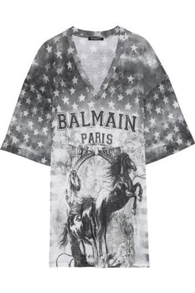 Shop Balmain Oversized Distressed Printed Linen-jersey T-shirt In Grey Green