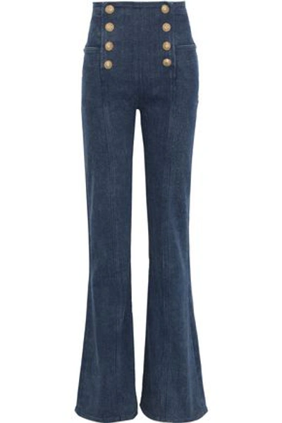 Shop Balmain Woman Button-embellished High-rise Flared Jeans Mid Denim