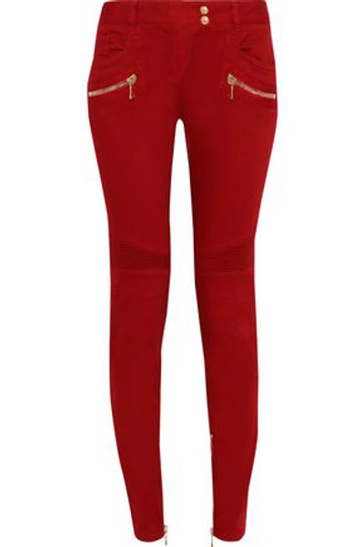 Shop Balmain Woman Moto-style Low-rise Skinny Jeans Crimson