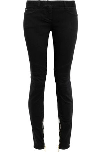 Shop Balmain Zip-detailed Low-rise Skinny Jeans In Black