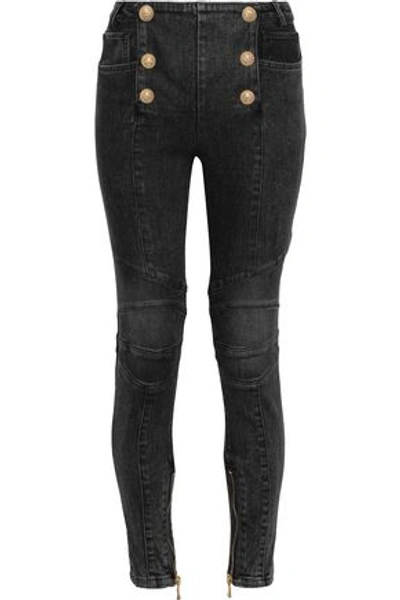Shop Balmain Button-embellished Mid-rise Skinny Jeans In Dark Denim