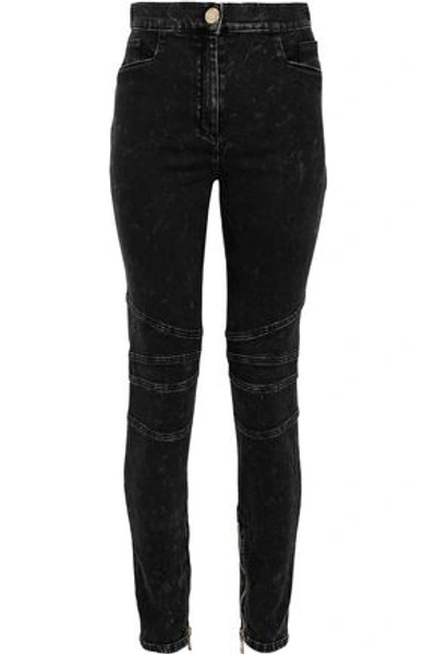 Shop Balmain Moto-style Faded High-rise Skinny Jeans In Black