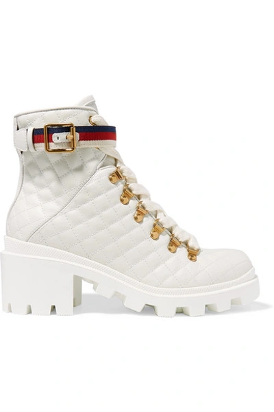 Shop Gucci Grosgrain-trimmed Quilted Leather Ankle Boots In White