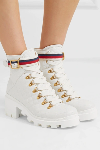 Shop Gucci Grosgrain-trimmed Quilted Leather Ankle Boots In White
