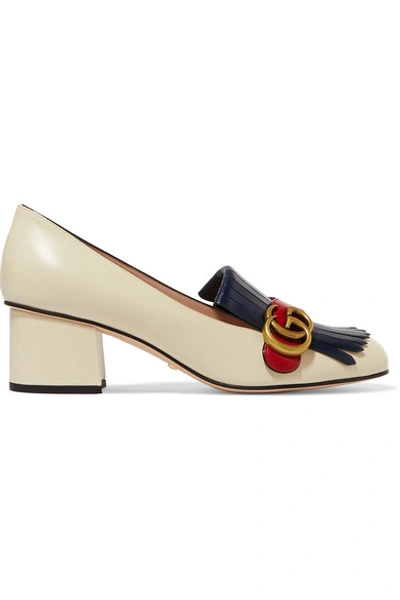 Shop Gucci Marmont Fringed Logo-embellished Leather Pumps In Cream