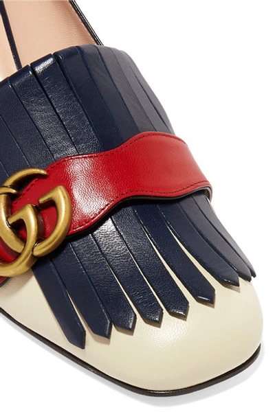 Shop Gucci Marmont Fringed Logo-embellished Leather Pumps In Cream