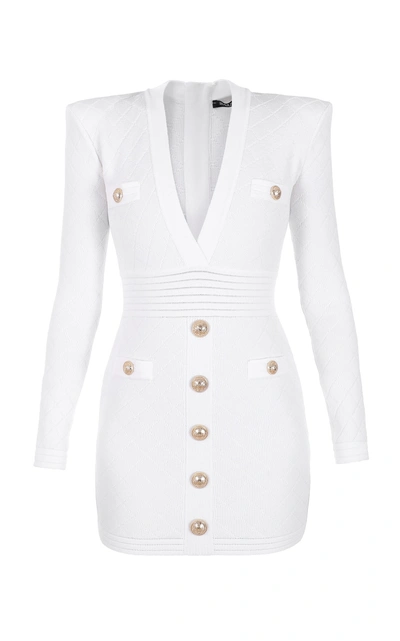 Shop Balmain Cinched Waist Pointelle-knit Dress In White