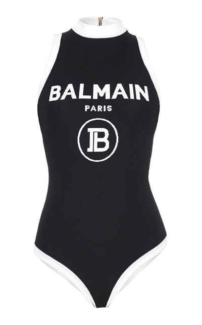 Shop Balmain Branded Logo Jersey Bodysuit In Black