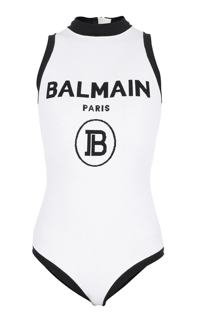 Shop Balmain Branded Logo Jersey Bodysuit In White