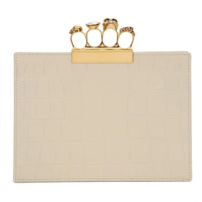 Shop Alexander Mcqueen Off-white Croc Small Jeweled Four-ring Clutch In 9003 Off Wh