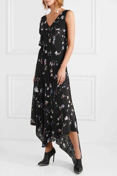 Shop Preen Line Dana Asymmetric Floral-print Crepe De Chine Midi Dress In Black