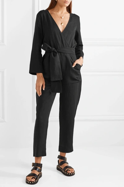 Shop Apiece Apart Morena Wrap-effect Tencel And Linen-blend Jumpsuit In Black