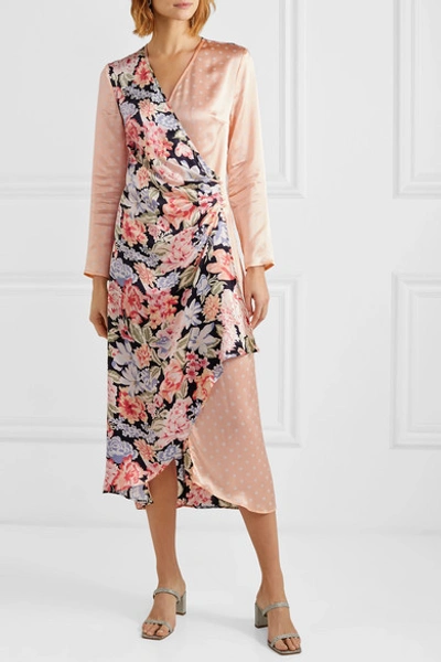 Shop Rixo London Betty Printed Satin Wrap Midi Dress In Peach