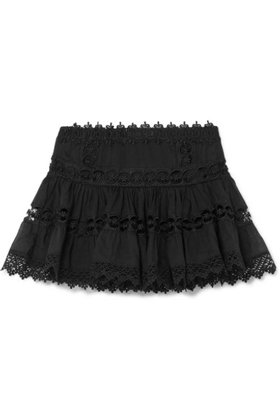 Shop Charo Ruiz Greta Crocheted Lace-paneled Cotton-blend Mini Skirt In Black