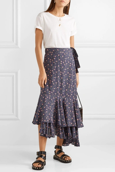 Shop Apiece Apart Rosita Floral-print Voile Wrap Skirt In Navy