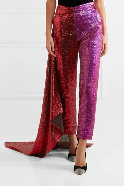 Shop Halpern Draped Sequined Satin And Tulle Straight-leg Pants In Red