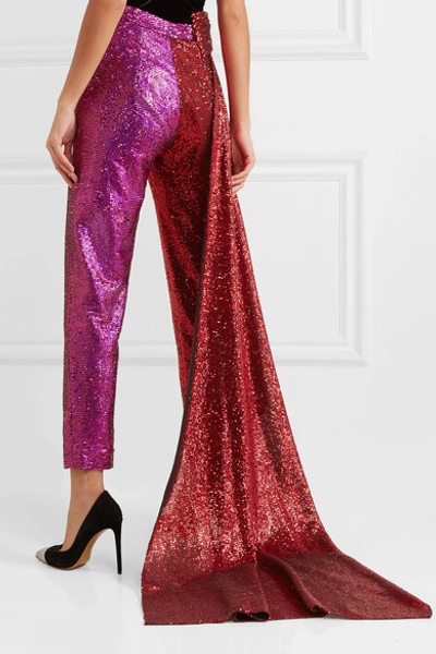 Shop Halpern Draped Sequined Satin And Tulle Straight-leg Pants In Red