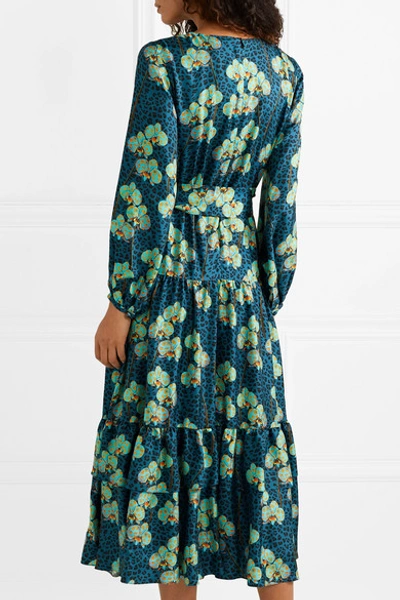 Shop Borgo De Nor Augustina Belted Printed Silk-satin Midi Dress In Blue