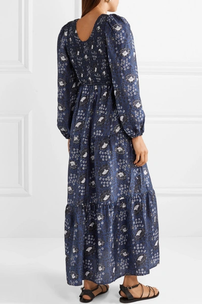Shop Apiece Apart Olivia Smocked Floral-print Silk-satin Maxi Dress In Navy