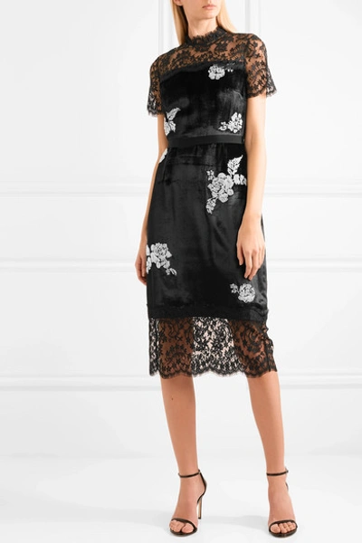 Shop Erdem Keni Lace-paneled Silk-faille Trimmed Faux Pearl-embellished Velvet Dress In Black