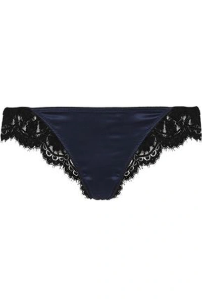 Shop Id Sarrieri I.d. Sarrieri Woman Enigma Chantilly Lace And Satin Low-rise Thong Navy