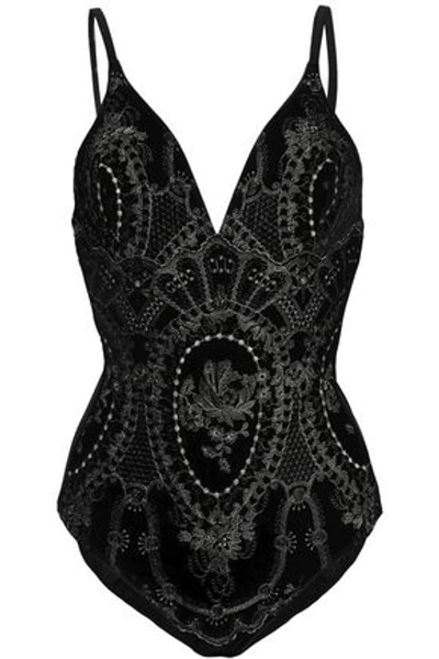Shop Id Sarrieri I.d. Sarrieri Woman Embroidered Velvet Bodysuit Black
