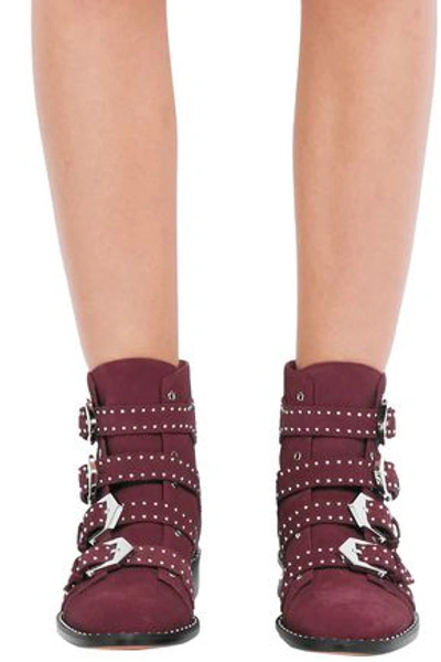 Shop Givenchy Woman Buckled Studded Suede Ankle Boots Burgundy