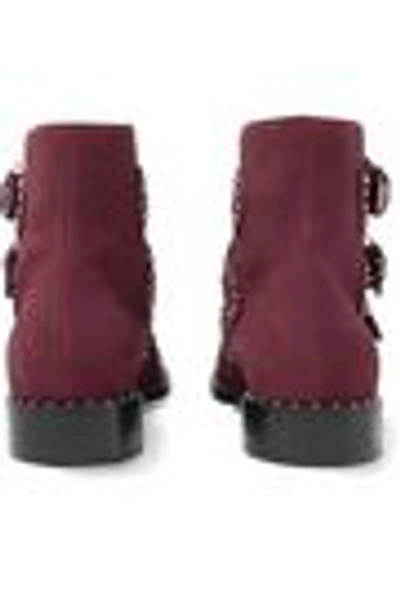 Shop Givenchy Woman Buckled Studded Suede Ankle Boots Burgundy