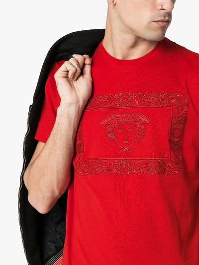 Shop Versace Medusa Embroidered Cotton T-shirt In Red