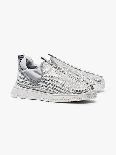 Shop Miu Miu Glitter Mesh Slip-on Embellished Sneakers In Silver