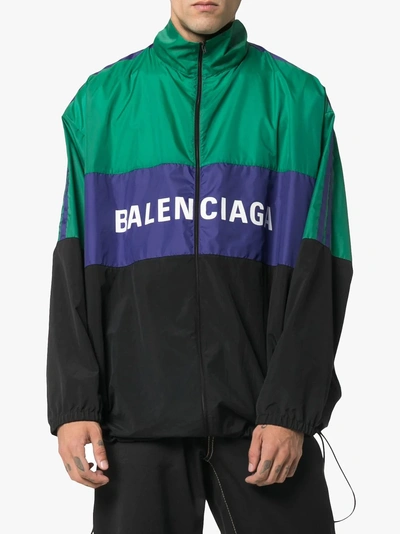 Shop Balenciaga Colour Block Logo Windbreaker Jacket In Green