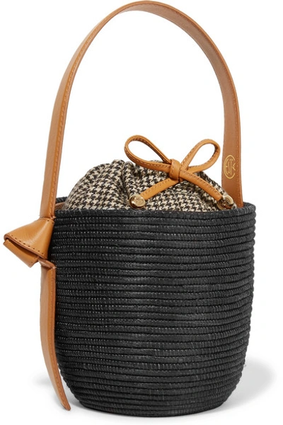 Shop Cesta Collective Lunchpail Leather-trimmed Woven Sisal Bucket Bag In Black