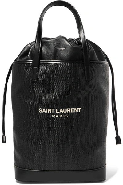 Shop Saint Laurent Teddy Leather-trimmed Printed Raffia Tote In Black