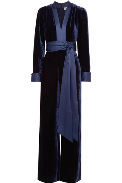 Shop Diane Von Furstenberg Satin-trimmed Velvet Jumpsuit In Navy