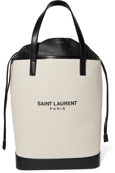 Shop Saint Laurent Teddy Leather-trimmed Printed Canvas Tote In White