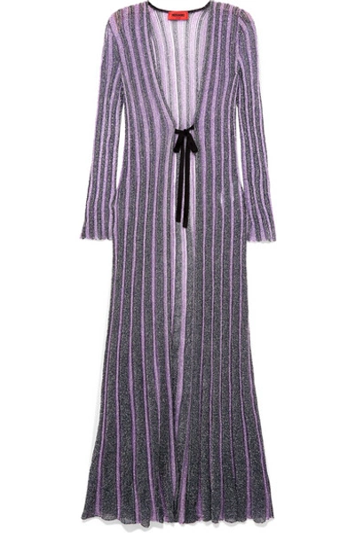 Shop Missoni Striped Velvet-trimmed Lurex Cardigan In Purple
