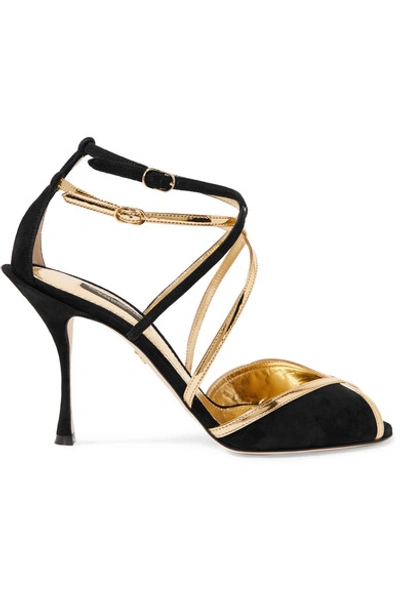 Shop Dolce & Gabbana Metallic Leather-trimmed Suede Sandals In Black