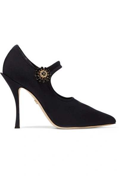 Shop Dolce & Gabbana Crystal-embellished Stretch-knit Mary Jane Pumps In Black