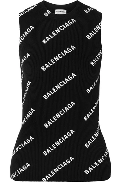 Shop Balenciaga Printed Ribbed-knit Top In Black