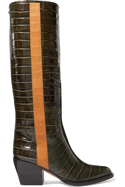 Shop Chloé Vinny Croc-effect Leather Knee Boots