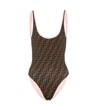 Shop Fendi Double F Swimsuit In Brown