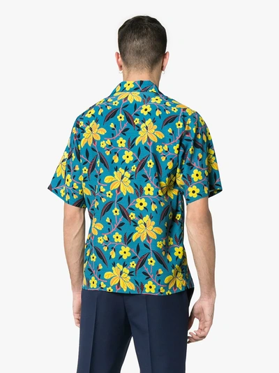 Shop Prada Flower Print Short Sleeved Shirt In Blue