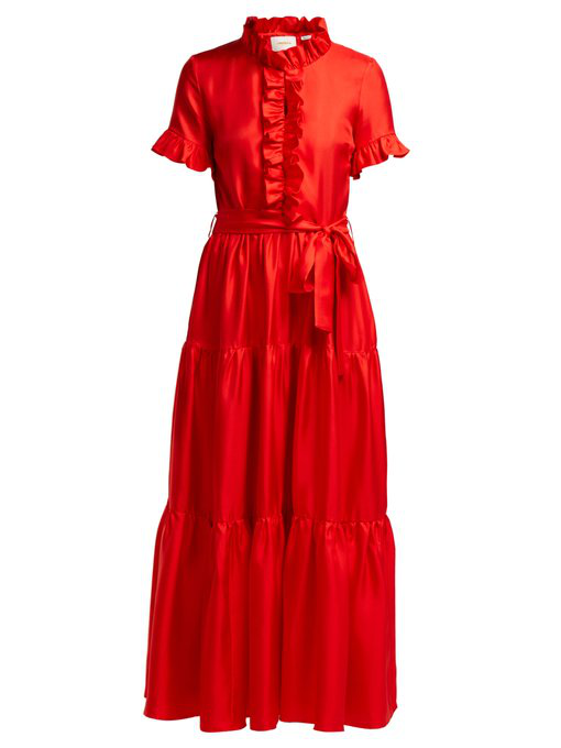La Doublej Long & Sassy Ruffled Silk-Satin Dress In Red | ModeSens