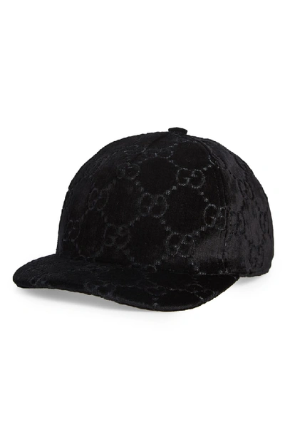 Shop Gucci Logo Embroidered Velvet Baseball Cap In Black/ Black