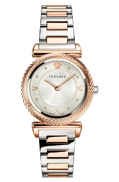 Shop Versace V Motif Bracelet Watch, 35mm In Silver/ Rose Gold